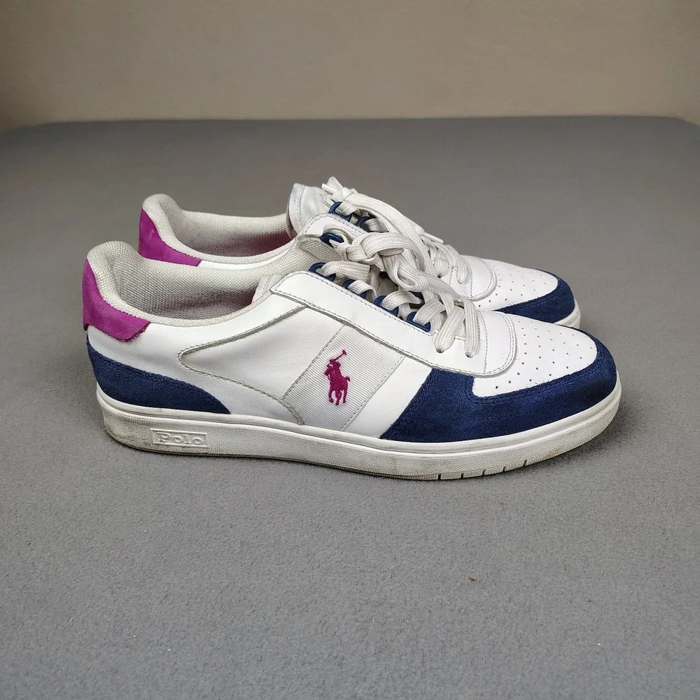 Polo Ralph Lauren Court Low Sneaker Men 10.5 White Navy Leather Pony UK 9.5